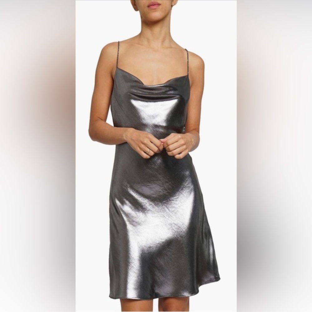 Know One Cares Silver Metallic Cowl Neck Slip Dress‎